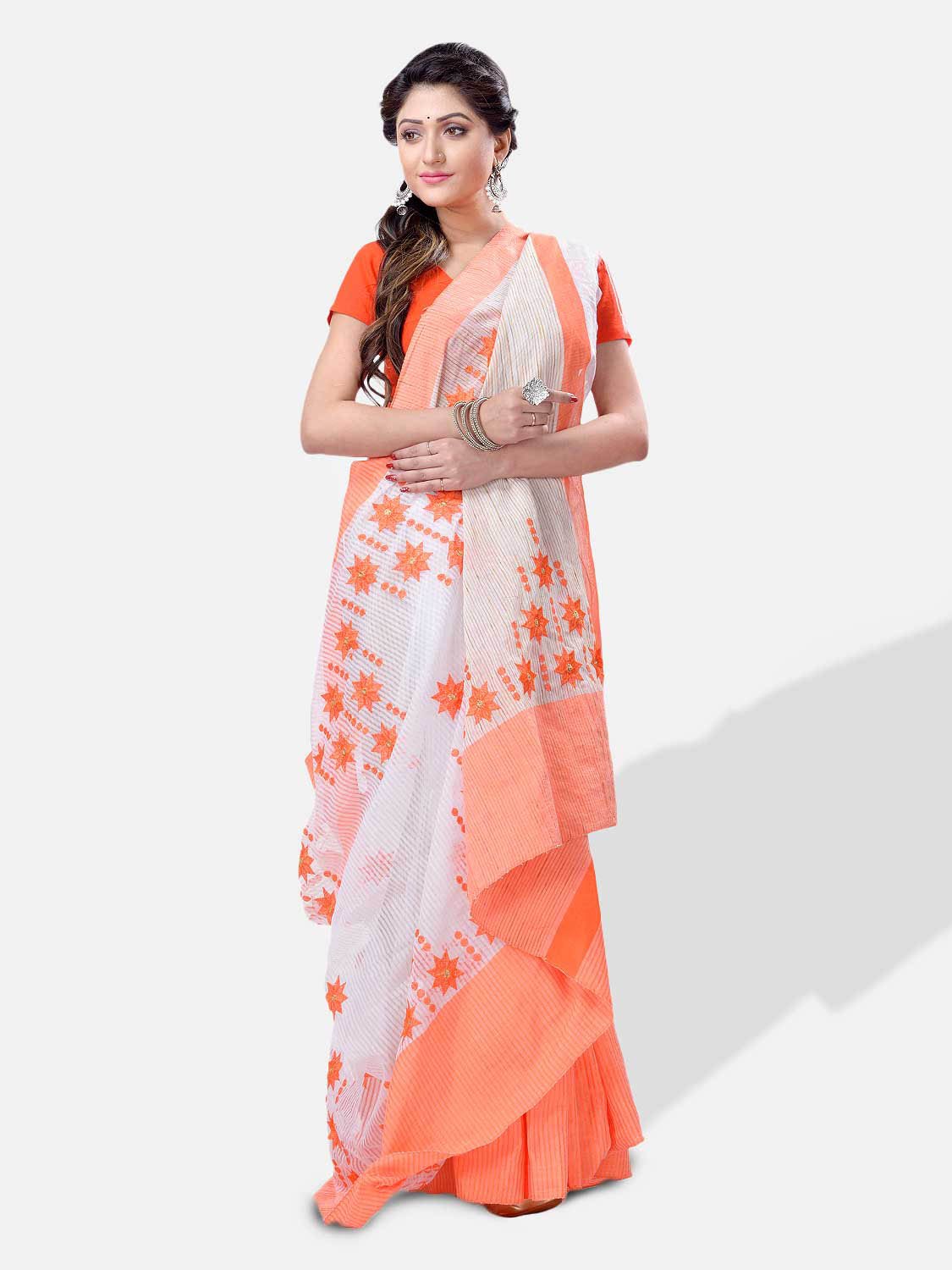 Pure Cotton Handloom Traditional Khadi Bengali Tant Saree Very Soft Cotton Materials Star Design With Blouse Piece (Orange White)